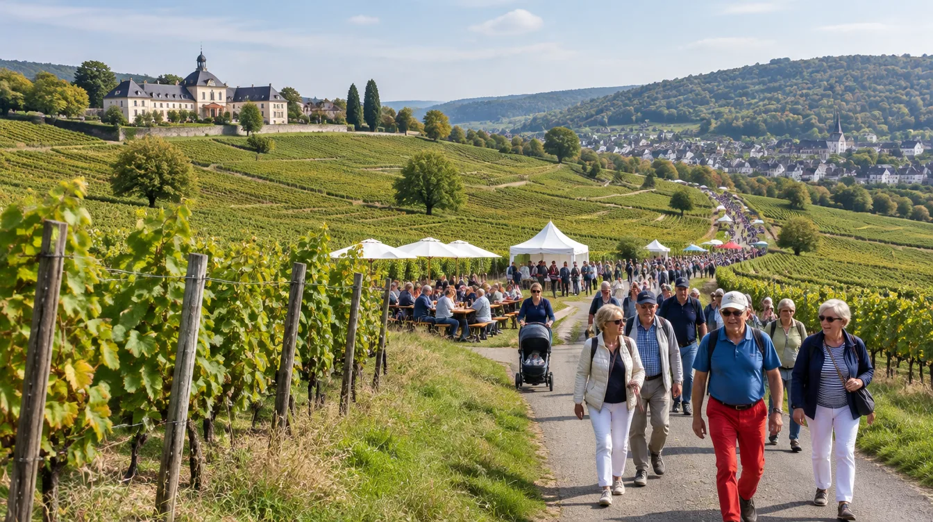 Wandernde auf dem Wein- und Schlemmerpfad durch die Weinberge, daneben Weinstände mit Zelten (KI-generiertes Symbolbild)